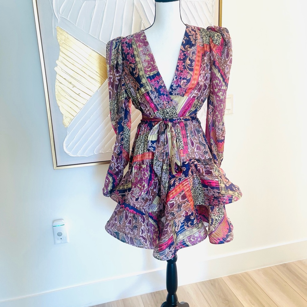 Vibrant Patterned V-Neck Mini Dress